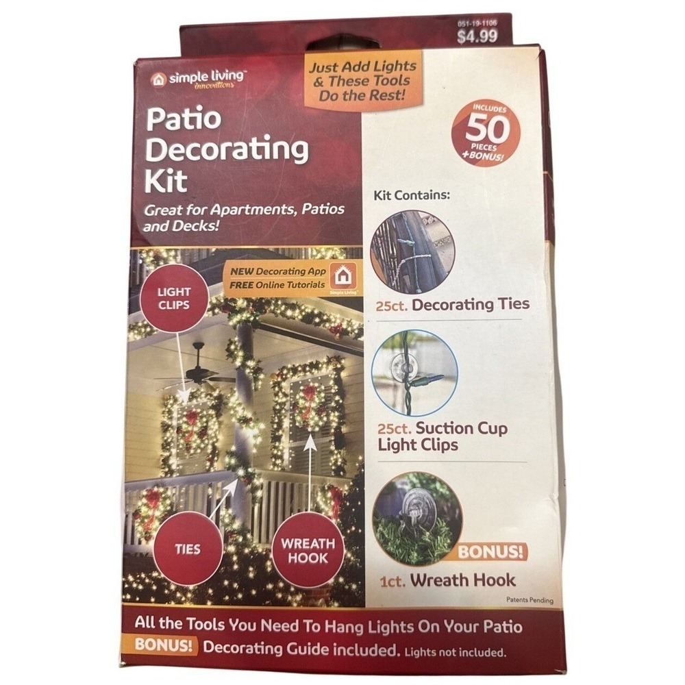 Simple Living 2016 Patio Decorating Kit 50 Pieces & Bonus Wreath Hook Open Box
